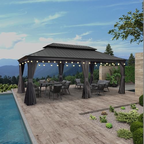10' x 14' Permanent Hardtop Gazebo with Galvanized Steel Double Roof, Curtains and Netting Included M871