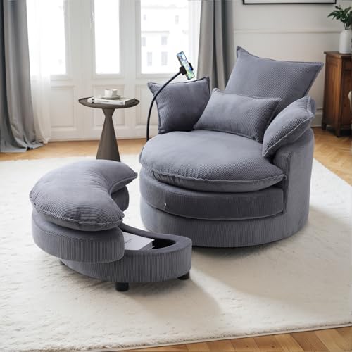 Swivel Barrel Accent Sofa Chair with Phone Holder & Storage Ottoman, 360 Degree Corduroy, Beige A36232
