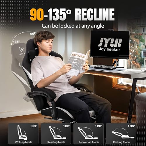 Gaming Chair Ergonomic Office Chair with Foot Rest, Breathable Fabric Computer Chair with Headrest and Lumbar Support O7023