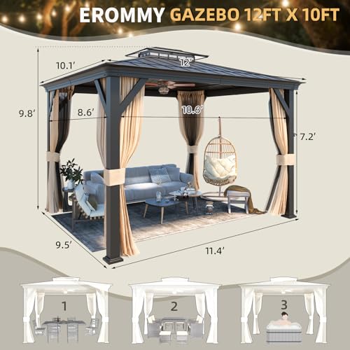 12x20 ft Hardtop Gazebo Double Roof Galvanized Steel Canopy Outdoor Aluminum Frame with Netting and Curtains X191579