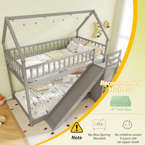 Twin Over Twin Bunk Bed with Slide & Stairs, Wood, White M692