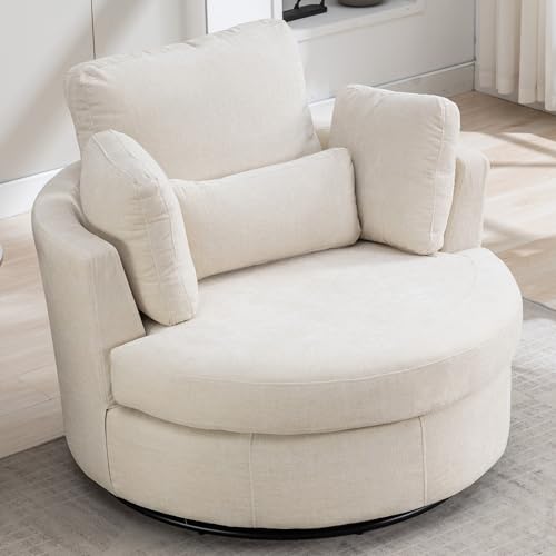 Oversized Swivel Barrel Chair with Ottoman, Chenille, Beige M813