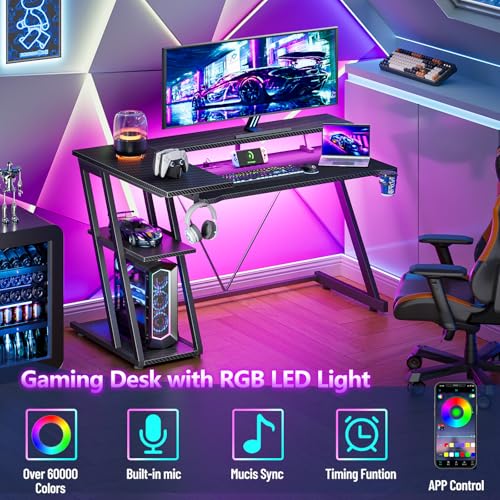 L Shaped Gaming Desk with Power Outlet and LED Lights Y52619