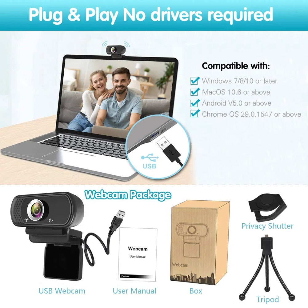 1080P Webcam with Microphone and Tripod Stand H28518