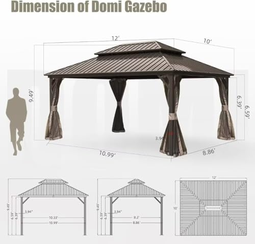 10 x 10 ft Hardtop Gazebo with Netting and Curtains, Galvanized Steel Roof for Patio K80436
