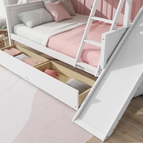 Twin Over Full Size Wooden Bunk Bed with Slide and Storage Stairs N394