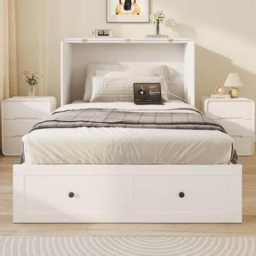 Murphy Bed with Storage & Charging Station, Foldable Panel, Distressed White C449393