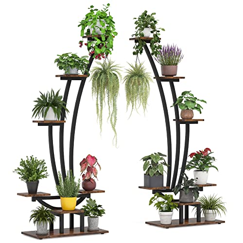 6-Tier Tall Plant Stand, Metal Curved Display Shelf with Hanging Hooks V22276