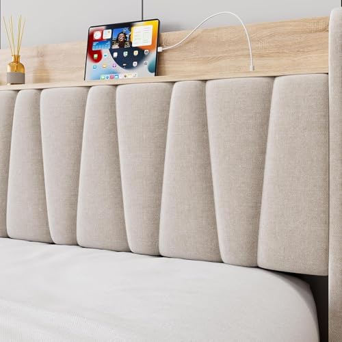 Queen Size Bed Frame with Storage Headboard and Drawers, Beige D3599