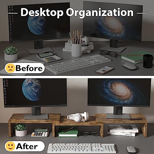Dual Monitor Stand Riser with Smartphone Holder, Adjustable Wooden Desk Organizer B984