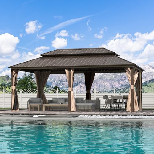 10 x 10 ft Hardtop Gazebo with Netting and Curtains, Galvanized Steel Roof for Patio K80436