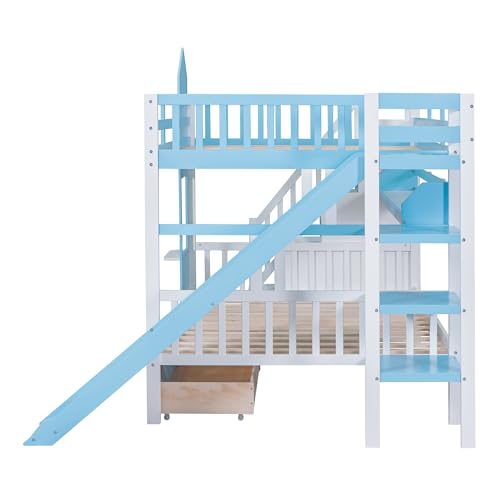 Twin Over Twin Bunk Bed with Stairs and Slide, Solid Wood Frame with Storage B8483