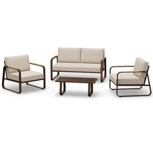 4-Piece Outdoor Patio Furniture Set with Sofa and Tempered Glass Table B6490