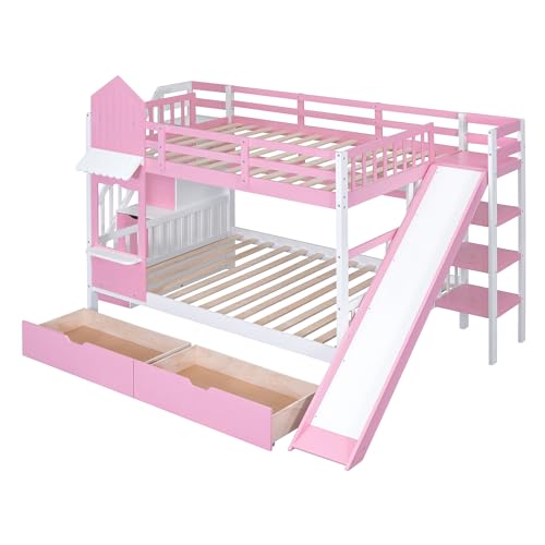 Kids Bunk Bed with Stairs and Slide, Twin Over Twin, Gray O540