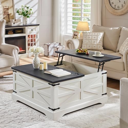 JXQTLINGMU Farmhouse Lift Top Coffee Table with Storage, 36" Wood Square Center Table with Large Hidden Compartment, Rustic Lift Tabletop Dining Table for Home Living Room, Light Brown