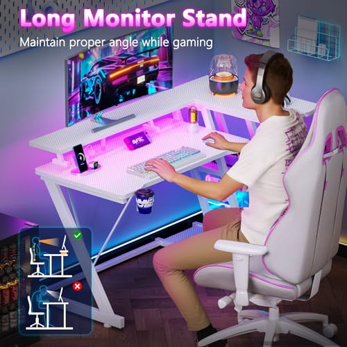 L Shaped Gaming Desk with Power Outlet and LED Lights Y52619