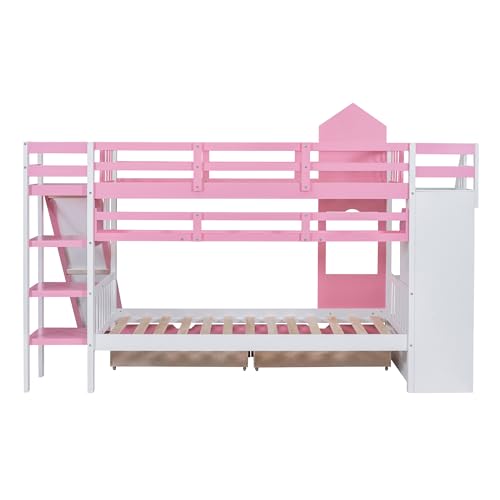 Twin Over Twin Bunk Bed with Stairs and Slide, Solid Wood Frame with Storage B8483