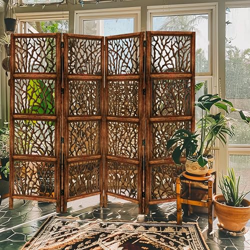 4 Panel Folding Wood Room Divider, Antique Brown, 72 x 80 P209