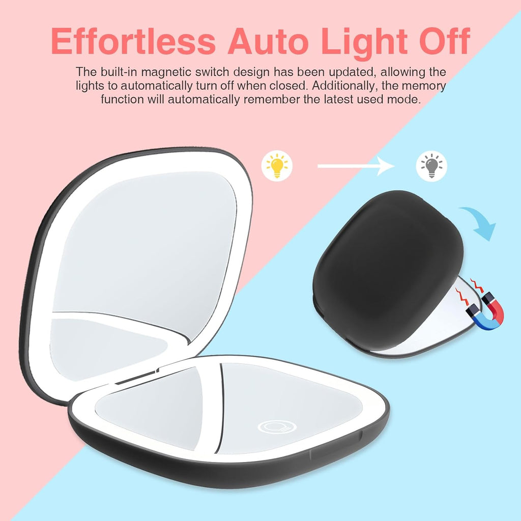 Compact Travel Makeup Mirror with LED Light, 1X/10X Magnifying, Rechargeable O13625