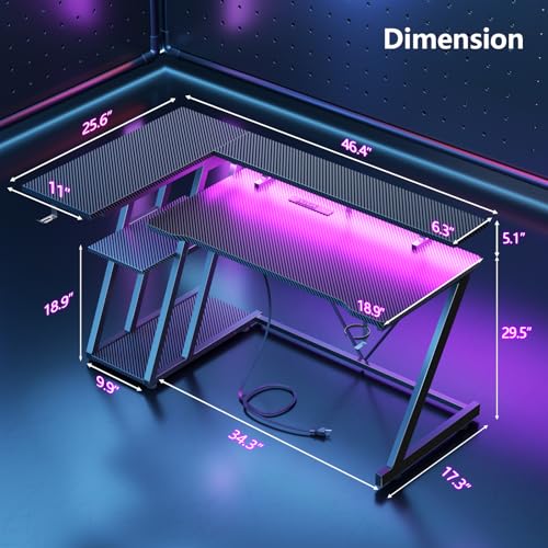 L Shaped Gaming Desk with Power Outlet and LED Lights Y52619