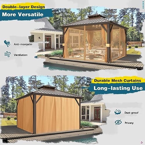 10x13 Hardtop Gazebo with Polycarbonate Double Roof, Aluminum Frame, Curtains and Netting S2701