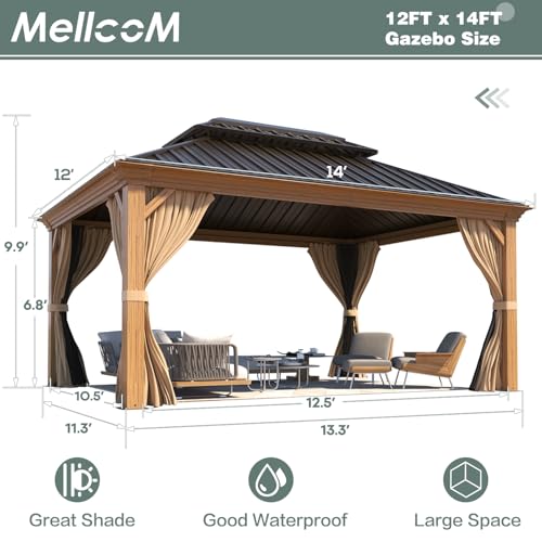 12x16 ft Hardtop Gazebo with Double Roof, Curtains and Netting T94173