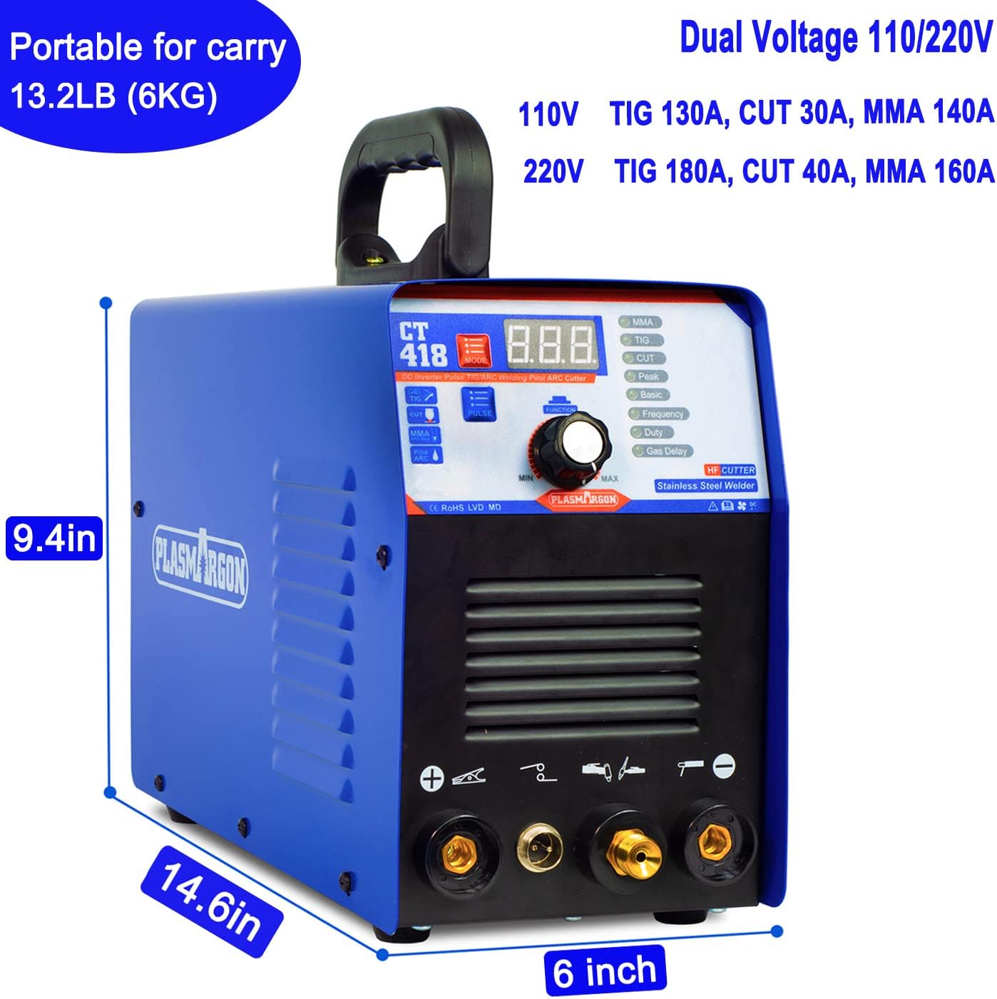 Plasma Cutter TIG Stick Welder 3 in 1 Combo, 180A Pulse, 110/220V Dual Voltage G6176