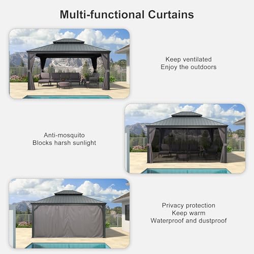 10' x 14' Permanent Hardtop Gazebo with Galvanized Steel Double Roof, Curtains and Netting Included M871