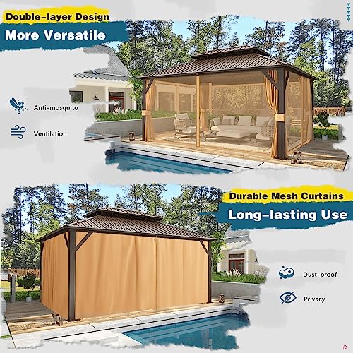 10x13 Hardtop Gazebo with Polycarbonate Double Roof, Aluminum Frame, Curtains and Netting S2701
