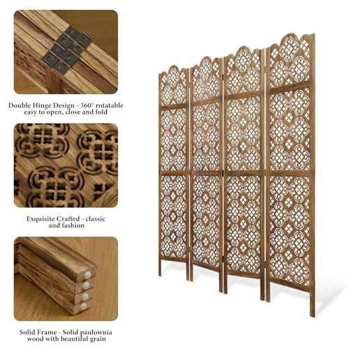 Wood Carved Room Divider 4 Panel Folding Partition Screen X503933