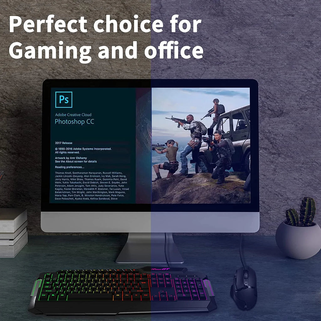 Gaming Keyboard, 114 Keys Wired, Rainbow LED Backlit, Quiet, with Wrist Rest J66393