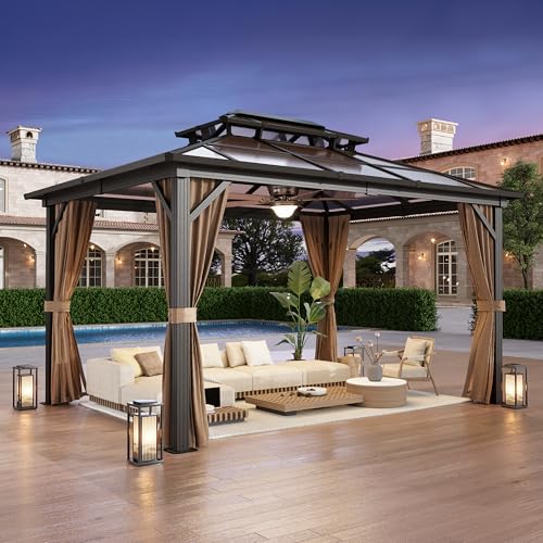 10x13 Hardtop Gazebo with Polycarbonate Double Roof, Aluminum Frame, Curtains and Netting S2701