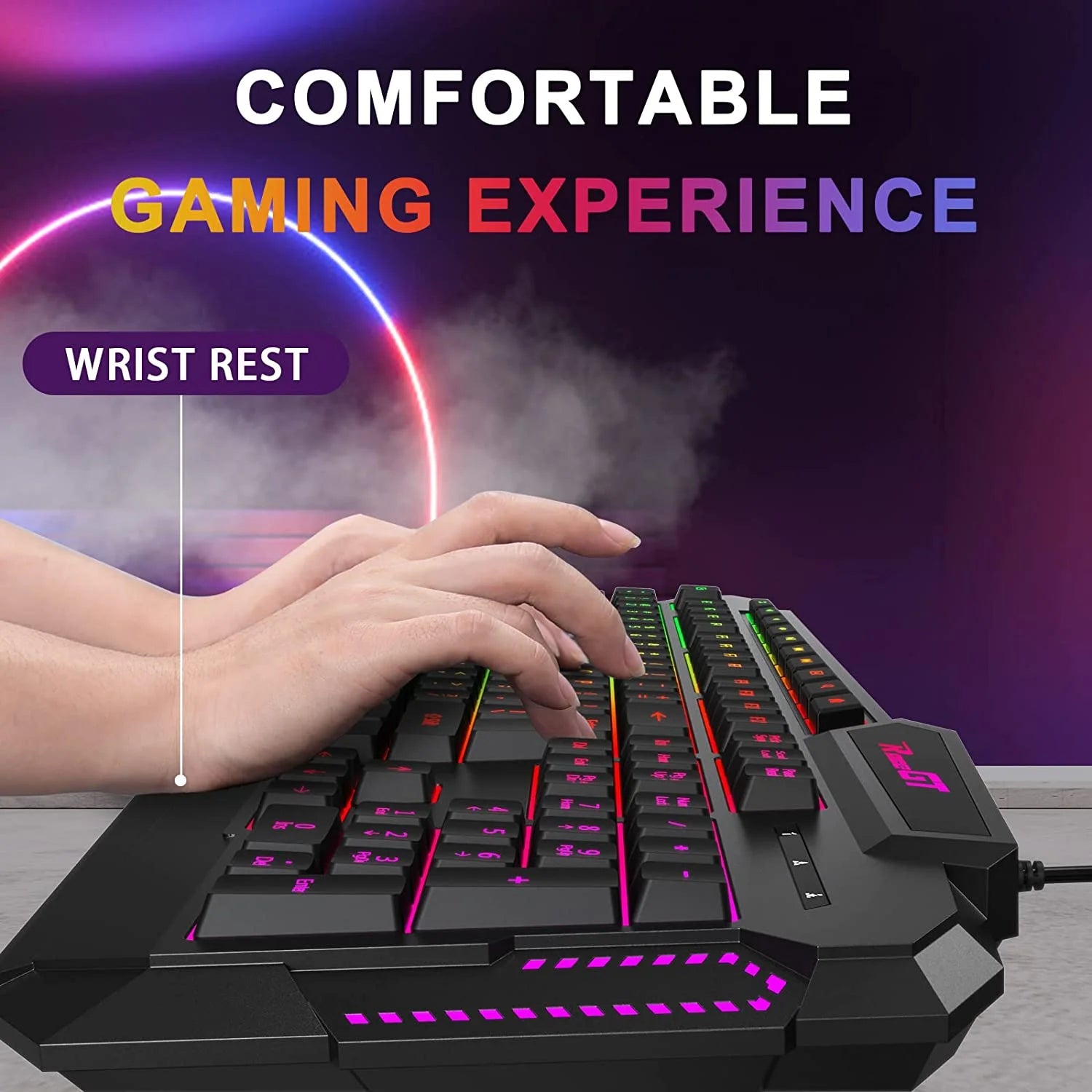 Gaming Keyboard, 114 Keys Wired, Rainbow LED Backlit, Quiet, with Wrist Rest J66393