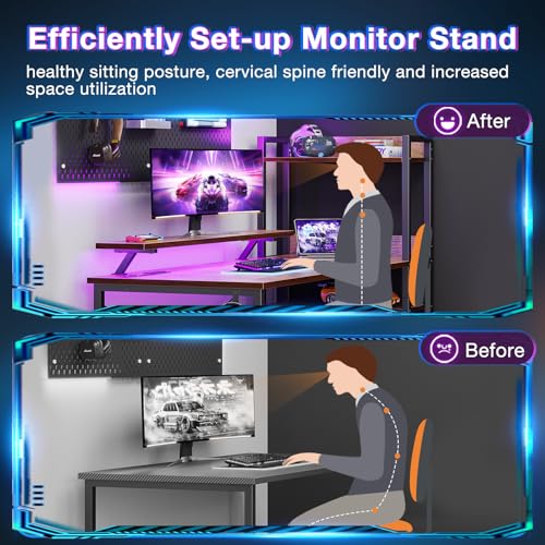 Reversible Gaming Desk with USB Charging Port and LED Lights, 40 Inch Computer Desk with Storage Shelves M571