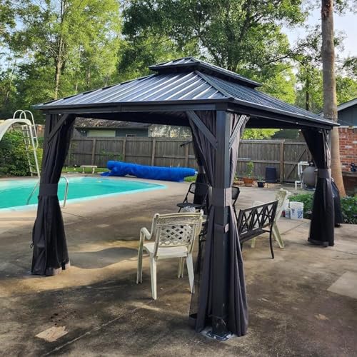 10 x 10 ft Hardtop Gazebo with Netting and Curtains, Galvanized Steel Roof for Patio K80436