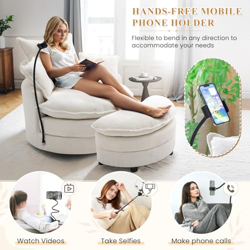 Swivel Barrel Accent Sofa Chair with Phone Holder & Storage Ottoman, 360 Degree Corduroy, Beige A36232
