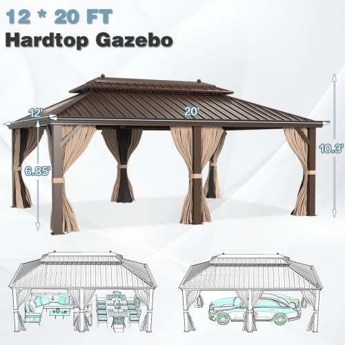 12x16 ft Hardtop Gazebo with Double Roof, Curtains and Netting T94173