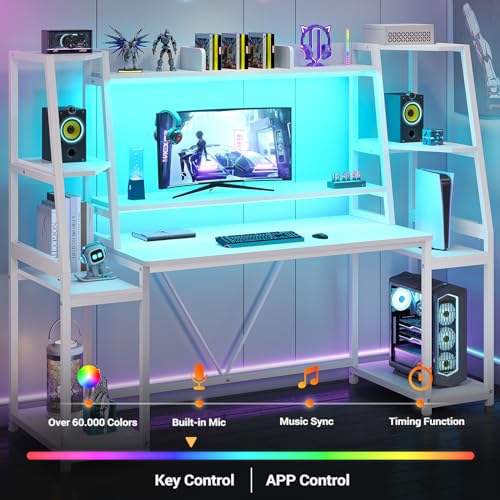 Gaming Desk with LED Lights, Hutch and Storage Shelves, Black O742