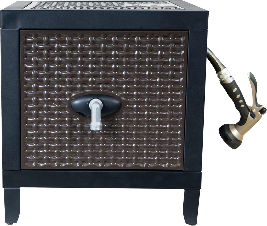 Hose Reel Cabinet Box, 100 Ft Capacity, Wicker Look, Auto Track Rewinding, Black Metal E465231
