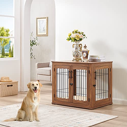 Wooden Dog Crate End Table with Double Doors and Pet Bed E595686