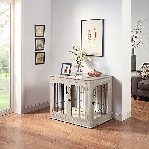 Wooden Dog Crate End Table with Double Doors and Pet Bed E595686