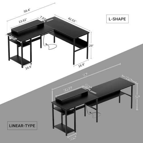 Reversible L Shaped Desk with Power Outlets and LED Light, Corner Computer Desk with Monitor Stand and Storage Shelves, Black A318171