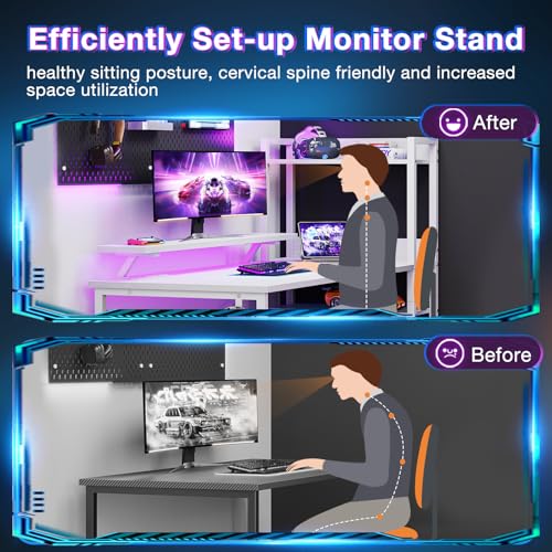 Reversible Gaming Desk with USB Charging Port and LED Lights, 40 Inch Computer Desk with Storage Shelves M571
