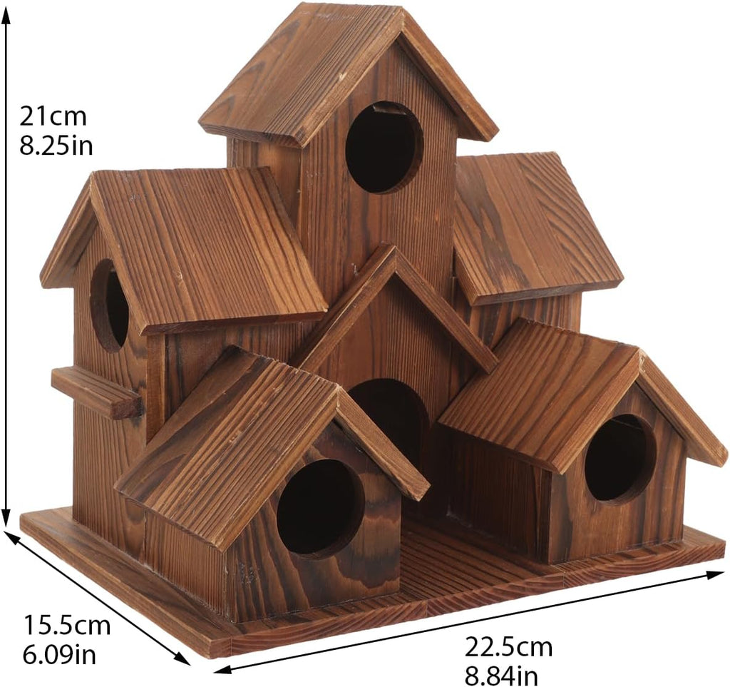 Wooden Bird House 6 Hole Hanging for Outdoor Patio Decor N2694