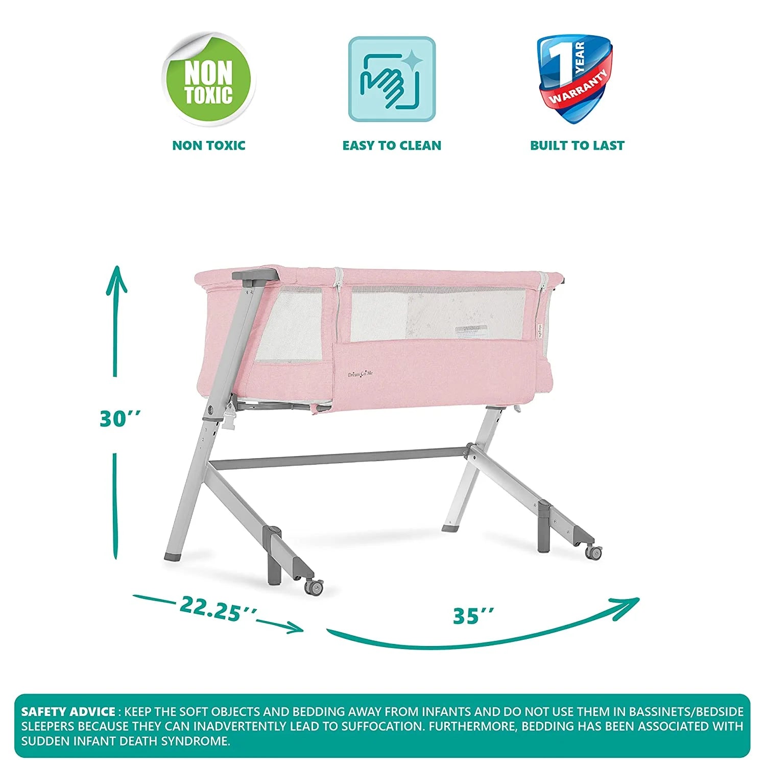 Pink Portable Baby Bassinet with Adjustable Height and Foldable Design J10330
