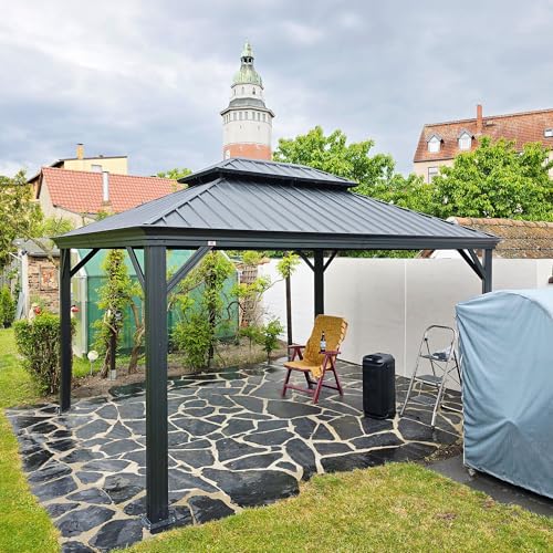 10' x 14' Permanent Hardtop Gazebo with Galvanized Steel Double Roof, Curtains and Netting Included M871