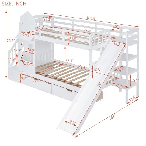 Kids Bunk Bed with Stairs and Slide, Twin Over Twin, Gray O540