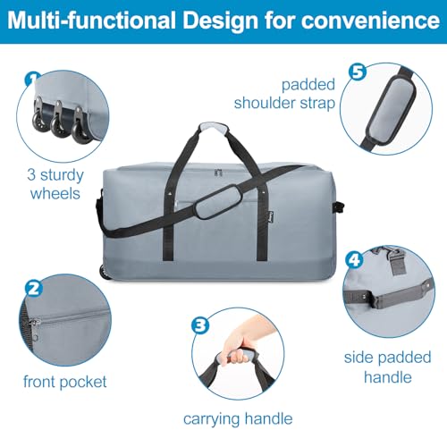 Foldable Rolling Duffel Bag with 3 Wheels, Lightweight Travel Luggage W41862