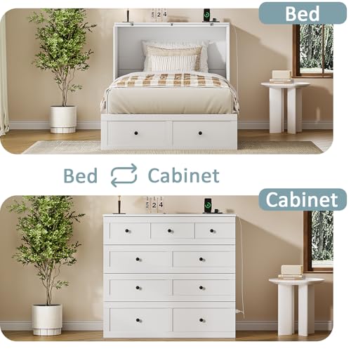 Murphy Bed with Storage & Charging Station, Foldable Panel, Distressed White C449393