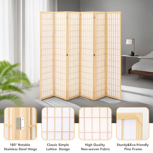 6 Panel Folding Room Divider, Japanese Shoji Screen, 5.9 Ft, Natural T81976